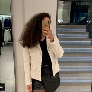 Zara Wool Blend Jewel/Gold Button Textured Blazer Ivory